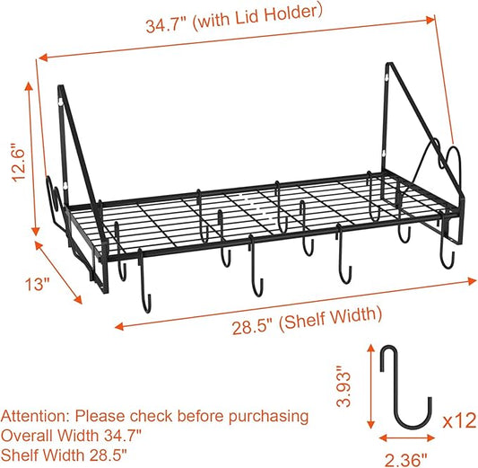 28 Inch Pot Rack Wall Mounted, Pots and Pans Organizer with 12 Hooks and 2 Pot Lid Holders, Heavy Duty Steel Pot and Pan Hanger for Kitchen Cookware Utensils Storage 34.7" Lx13 Wx12.6 H