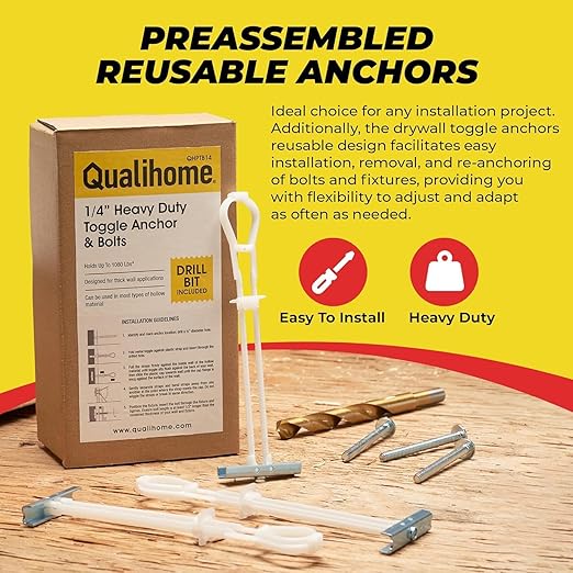 1/4”-20 Quick Easy Heavy Duty Toggle Anchors with Bolts - Hollow Wall Anchors with Steel Wings, Adjustable Up to 2 1/2" Thick Wall, Holds Up to 1080 Lbs, Heavy Duty Drill Bit Included (48 Pack)