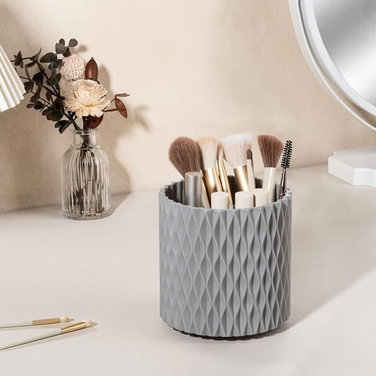 Anyoifax Makeup Brush Holder Organizer 362°Rotating Make Up Brushes Container for Vanity, Spinning Cosmetics Storage Cup, Ripple Gray