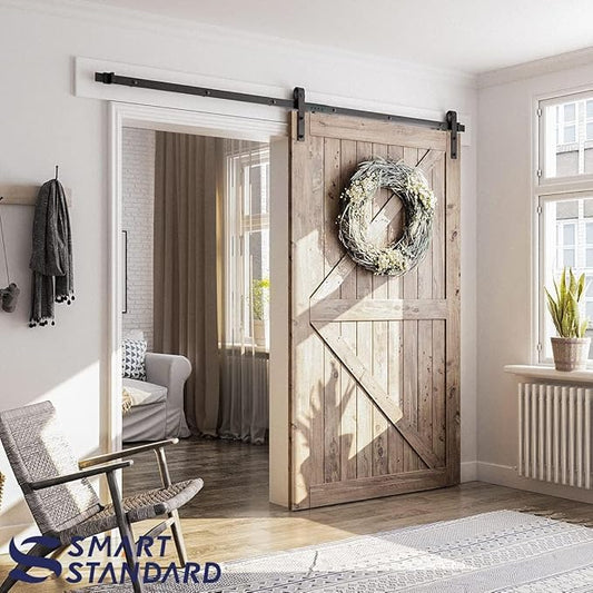 SMARTSTANDARD 8.2 FT Barn Door Hardware Kit -Sliding Barn Door Track - Smooth and Quiet - Easy to Install - Includes Step-by-Step Installation Instructions - Fits 48" Wide Door Panel (J Shape Hanger)