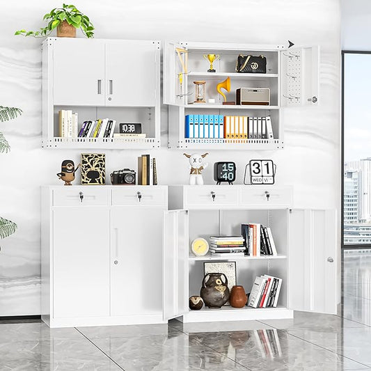 INTERGREAT Metal Cabinet with Drawers, Lockable Storage Cabinet with Doors and Shelves for Garage, White 42" 36" 18"