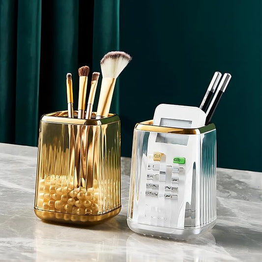 DASITON Makeup Brush holder Organizer, plastic Square Cosmetic Brush Storage Holder, Vintage Stripe Make Up Brush Cup Pen Pencil Holder(Clear
