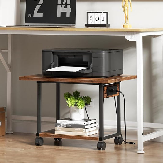 Printer Table, 2-Tier Under Desk Printer Stand with Charging Station, Printer Stand with Wheels, Printer Shelf for Small Spaces, PrinterCart for Home Office Rustic Brown