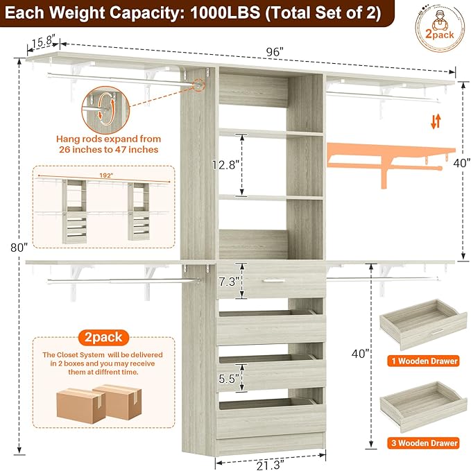 Aheaplus Closet System with Drawers Set of 2, Wood Closet Organizer System with 8 Hanging Rods & Top Shelves, Walk-in Closets Organizer Wardrobe Clothes Rack, Cut Fits Spaces 4-9FT. Wide, White Oak1