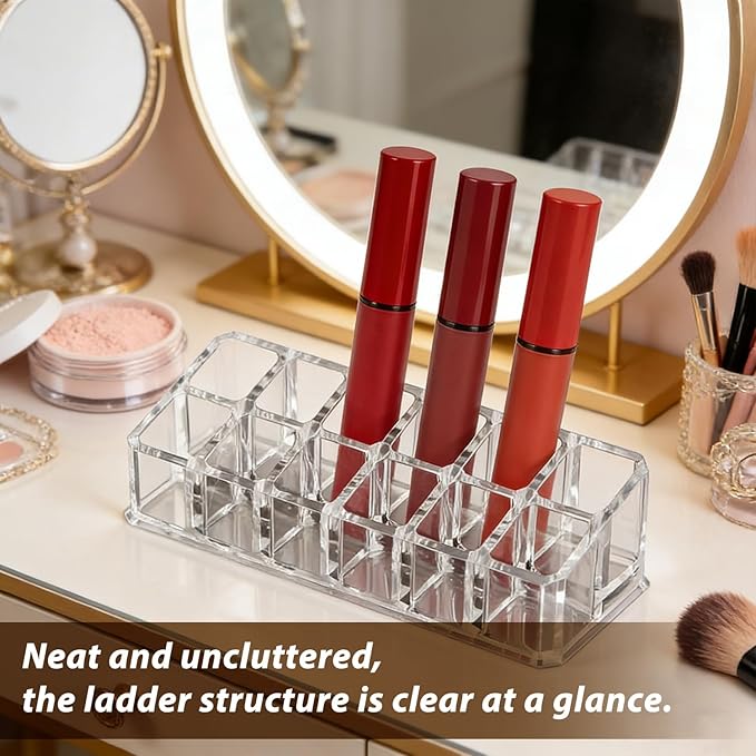 SYNTHORA 12 Slots Lipstick Holder, Clear Cosmetic Display Case for Lipsticks, Lip Gloss & Makeup Storage, Space-Saving Vanity Organizer (1 Pack)