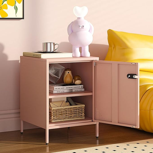 Metal End Table Single Door Bedside Nightstand Lockable Storage Cabinet Kids Locker for Living Room, Bedroom, Dorm,Home, Office 21.26”H X 15.75”W X 15.75”D (1 Door, Pink)