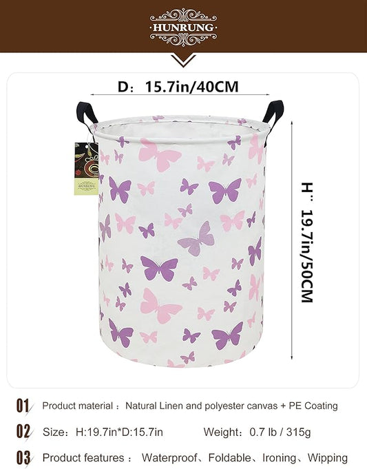 HUNRUNG Laundry Hamper,Large Canvas Fabric Lightweight Storage Basket Toy Organizer Dirty Clothes Collapsible Waterproof for College Dorms(Round-Butterfly)