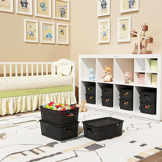 Plastic Storage Basket with Lids 12 Pack Stackable Black Storage Bins Containers with Lid, Decorative Storage Boxes for Organizing Shelves, Drawers, Playroom, Classroom, Office, Closet