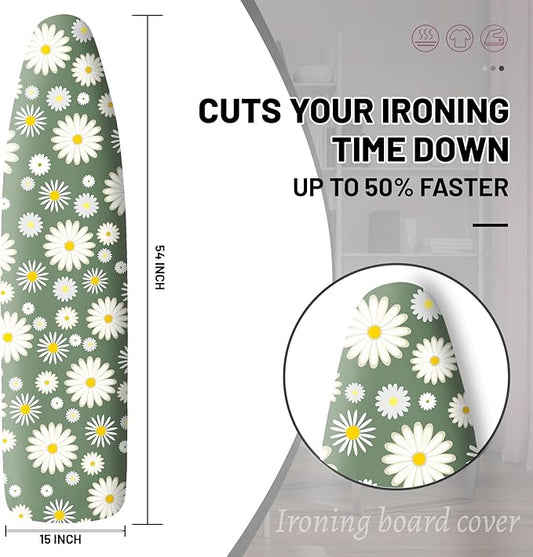 Extra Thick Ironing Board Cover and Pad, 15x54 Ironing Board Cover, Resist Scorching and Staining,Elastic Edges,Sage Green White Daisy Spring Flowers