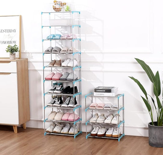 Stackable Small Shoe Rack, Entryway, Hallway and Closet Space Saving Storage and Organization (10-Tier, Blue)