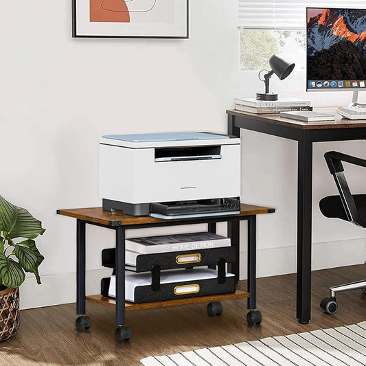 Lerliuo Under Desk Printer Stand, 2-Tier Industrial Mobile Printer Table with Storage Shelf and Steel Frame, Rolling Printer Cart Holder with Lockable Wheels for Home, Office (Rustic Brown)