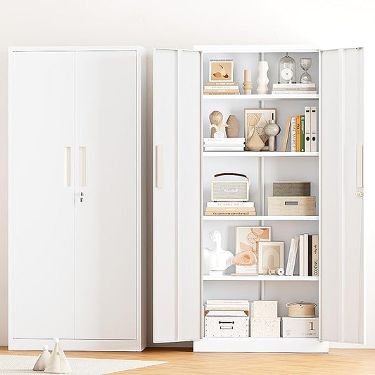 Greenvelly Metal Storage Cabinet, 63" H Locking Metal Storage Cabinet with Doors and 4 Shelves, Lockable Steel Cabinets for Kitchen, Bedroom, Living Room, Office (White)