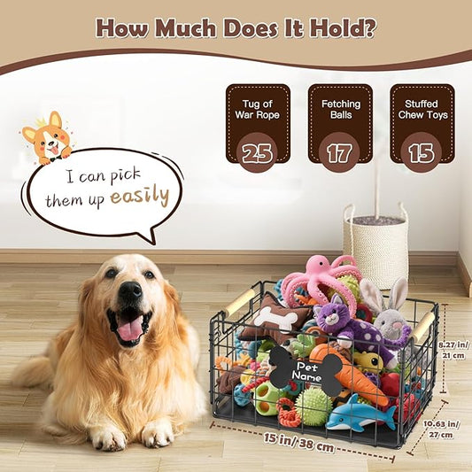 Dog Toy Basket, Chew-Proof Metal Dog Toy Bin with Handles, Pet Stuff Storage Organizer Box for Dogs with Marker Pen, Portable & Foldable Puppy Toys Basket for Living Room, 15''×10.63''×8.27''