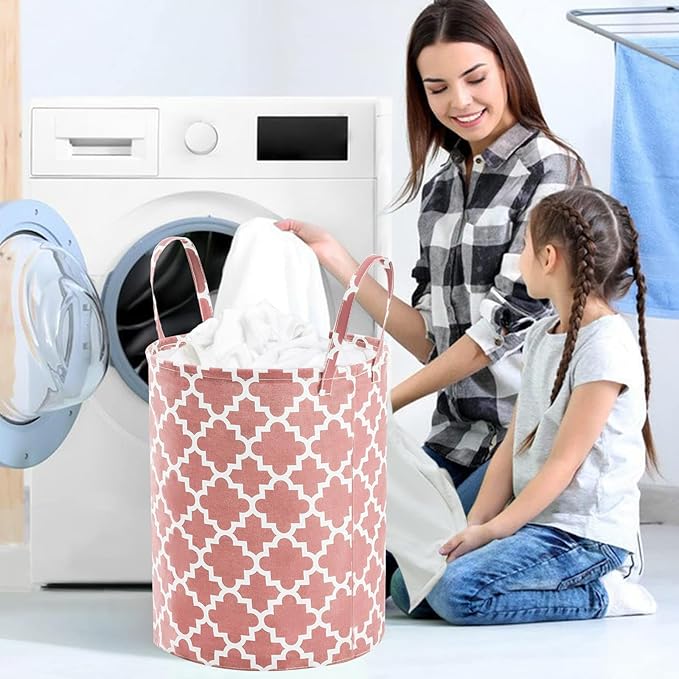 TECHMILLY 63L Large Laundry Basket with Long Handles, Collapsible Kids Laundry Hamper, Toy Storage Basket for Nursery, Bedroom Decor for Baby Girls and Boys (Pink Lattice)