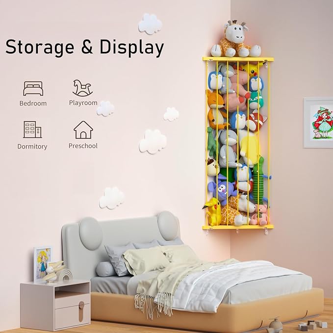Corner Stuffed Animal Storage Net - Stuffed Animals Holder with Lights - Plush Organizer Hanging Stuffed Animal Hammock for Wall (Yellow, X-Large)