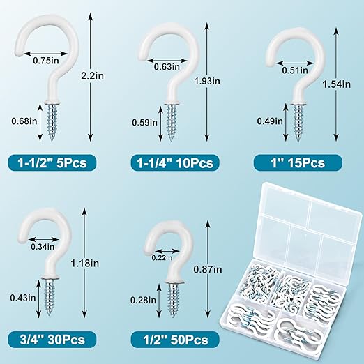 110Pcs Premium Screw Hooks, 5 Sizes White Vinyl Coated Cup Hook, from1/2 in Small Hooks to 1-1/2 in Ceiling Hooks Heavy Duty, Screw in Hooks for Hanging Plants, String Lights