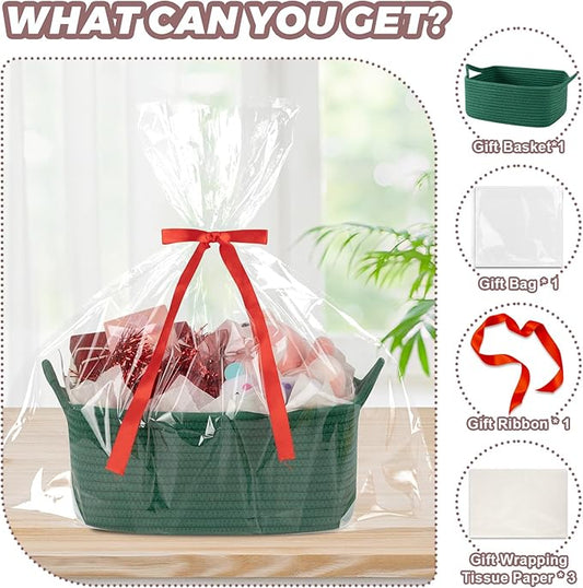 Basket for Gifts Empty, Woven Storage Basket with Gift Bag, Ribbon and Wrap Tissue Paper, Small Rope Toy Storage with Handles for Christmas, Baby Shower, Dog Toy Organizer, 13.6" x 10" x 5.9”