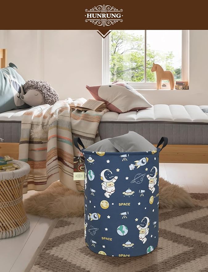 HUNRUNG Laundry Hamper,Large Canvas Fabric Lightweight Storage Basket Toy Organizer Dirty Clothes Collapsible Waterproof for College Dorms(Round-Blue Space Astronaut)