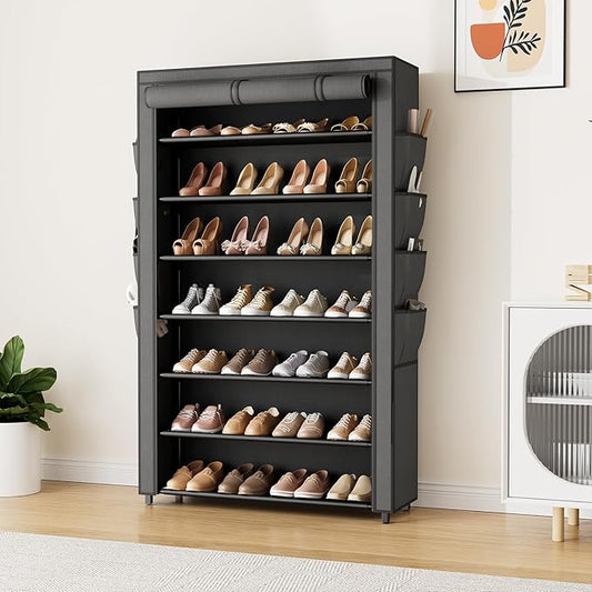 Shoe Rack with Cover, 7 Tier Shoe Organizer Storage for 32-40 Pair Shoes and Boots Large Shoe Storage Shelf Space Saving Vertical Shoe Rack for Closet, Front Door Entrance, Dorm, Garage
