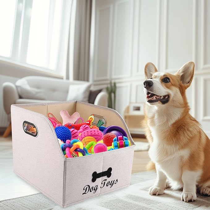 Geyecete Big Dog Toys Storage Bins Canvas Foldable Fabric Trapezoid with metal handles pet Baskets,Can be Personalized,Storage Bin Large toy box Organizer-KhakiStripe