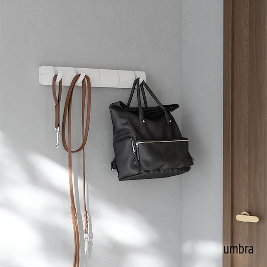 Umbra Flip Wall-Mounted Coat Rack with 5 Hooks – Modern, Space-Saving Storage for Hats, Jackets, Bags, Entryway, Mudroom, Closet, Bathroom, Bedroom – White/White