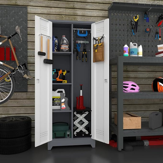 Locking Cabinet,Metal Garage Storage Cabinets with 2 Doors,Garage Tool Storage Cabinets with 3 Adjustable Shelves,Lockable Storage Cabinet for Basement,Home Office,Grey-White