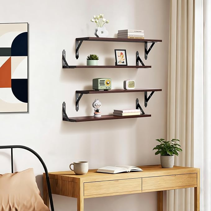 Wood Floating Shelves Set of 4, Rustic Storage Decor Wall Shelves, Wall Mounted Shelf for Living Room, Bedroom 23.6" x 6", Brown