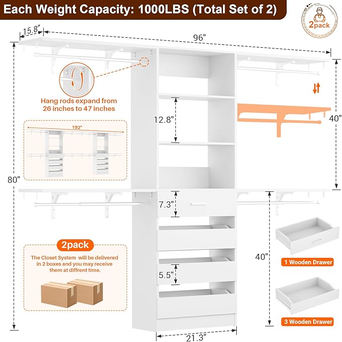 Aheaplus Closet System with Drawers Set of 2, Wood Closet Organizer System with 8 Hanging Rods & Top Shelves, Walk-in Closets Organizer Wardrobe Clothes Rack System, Cut Fits Spaces 4-9FT, White1