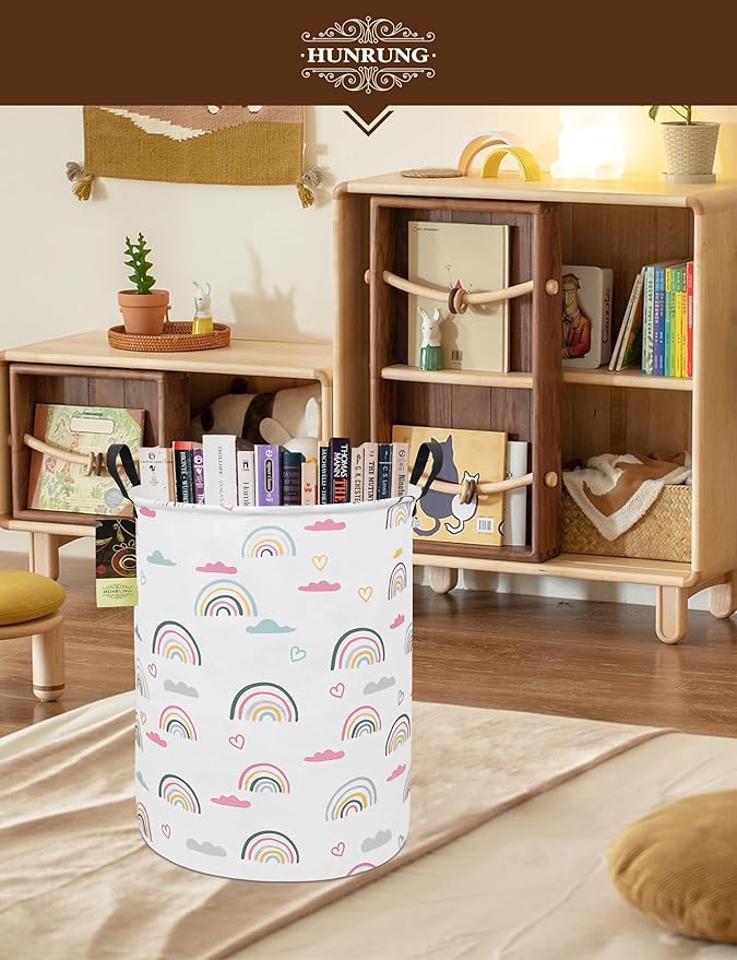 HUNRUNG Laundry Hamper,Large Canvas Fabric Lightweight Storage Basket Toy Organizer Dirty Clothes Collapsible Waterproof for College Dorms(Round-Rainbow)