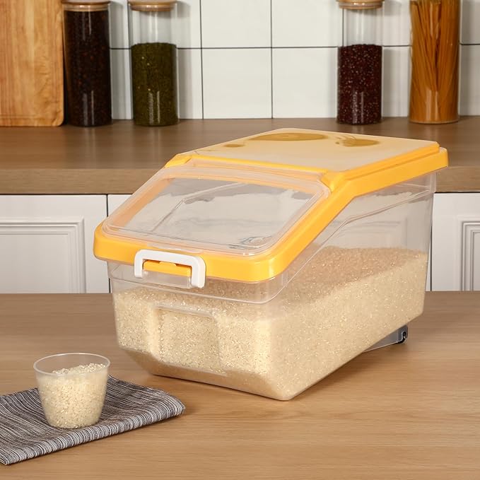 Sunnyray 4 Pcs Rice Storage Container 22 lb Airtight Flour Container with Wheels Measuring Cup Clear Pet Dog Cat Birds Food Bin Grain Cereal Organizer Box for Dry Baking Supplies(Yellow Lid)