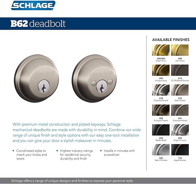 SCHLAGE B62621 Distressed Nickel B-Series Double Cylinder Grade 1 Deadbolt from The B-Series B62