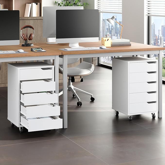 HOOBRO 5-Drawer File Cabinet, Under Desk Mobile Filing Cabinet with Wheels, Rolling Office Storage Cabinet, Wooden Printer Stand, for Home Office, Living Room, White WT15WJ01
