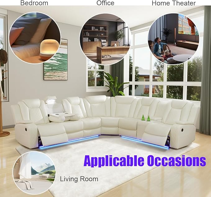 Leather Power Recliner Sofa, Power Sectional Sofa Couch Set for Living Room, Reclining Corner Sectional Sofa Set with LED, Read Lights, USB, Cup Holders, Storage for Home/Office,Vanilla White