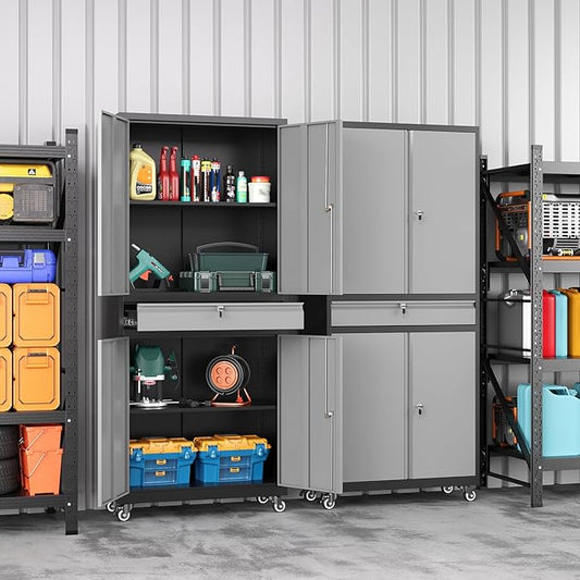 73" Metal Garage Storage Cabinet with Wheels, Rolling Tool Storage with Locking Doors, Adjustable Shelves and Drawer, Heavy Duty Steel Tool Cabinet for Garage, Warehouse, School(Black Grey)