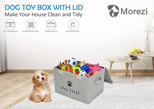 Morezi Dog toy box with lid storage organizer perfect basket for toys living room, playroom, closet, home organization and storage - Bamboo Gray