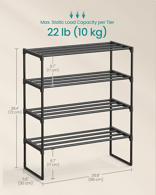 SONGMICS Shoe Rack, 4-Tier Shoe Organizer, Metal Storage Shelf, Upright or Upside Down, for 10-15 Pairs, Stackable, for Entryway, 11.8 x 26.8 x 28.4 Inches, Black ULSA204B01