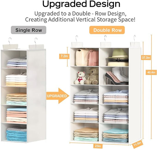 White 5-Tier Hanging Closet Storage Organizer - Space-Saving Dual-Row Foldable Shelves with 3 Hooks, Wardrobe Organizer for Dorm, Bedroom, Clothes and Accessories