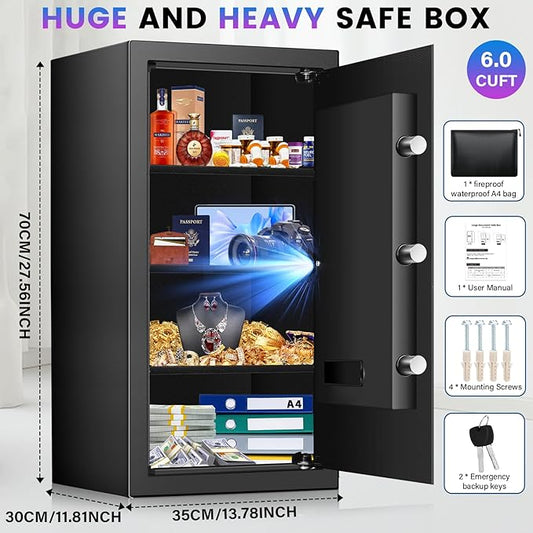 27.56 Inches Tall Safe Box, Home Safe with Fireproof Waterproof Bag, Anti-Theft Digital Security Lock Box with Smart Alert System, Removable Shelf, Mute Function, Document Safes for Jewelry