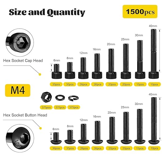 1500PCS M4 Screws with Nuts Assortment Kit, M4x6/8/12/16/20/25/30/40 mm Hex Socket Button & Cap Head Bolts Nut and Washers Set, 12.9 & 10.9 Grade Black Zinc Plated for DIY, 3D Printer
