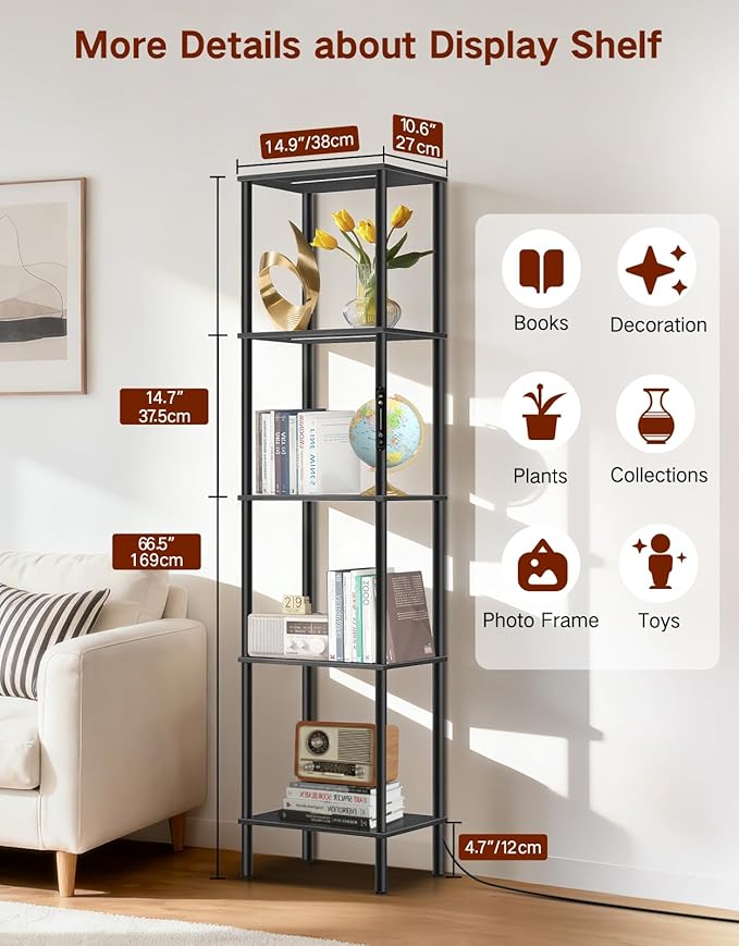 5 Tier Display Shelves with RGB Lights, Display Cabinet with Touch & APP & Remote Control, Dimmable Bookshelf with Music Sync, Adjustable Color Lighting for Living Room, Bedroom(Black)