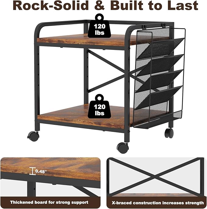 EasyCom Large Printer Stand with File Holder Organizer, Adjustable Height Shelf with Wheels, Rolling Printer Cart with Storage for Printer Scanner Fax Home Office Use Rustic Brown