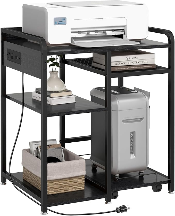 Livofloral Printer Stands with Charging Station, 23.6 x 18.9 Inch Large Printer Stand with Storage for Home Office, Printer Table with Power Outlet USB Port, Printer Shredder Stand with Wheels, Black