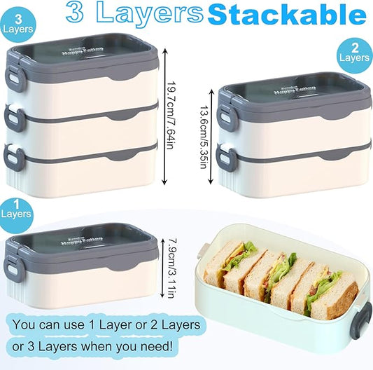 Bento Box Adult Lunch Box, Stackable 3 Layers Large Capacity Lunch Containers, Microwave and Dishwasher Safe Food Grade Containers with Utensils, Dividers and Sauce Boxes for Men, Women, Kids