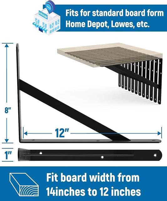 4-Pack 12 Inch Heavy Duty Shelf Brackets, Large Floating Wall Bracket for Garage Storage Shelves, Black Powder-Coated Finish, Load Capacity 800lbs