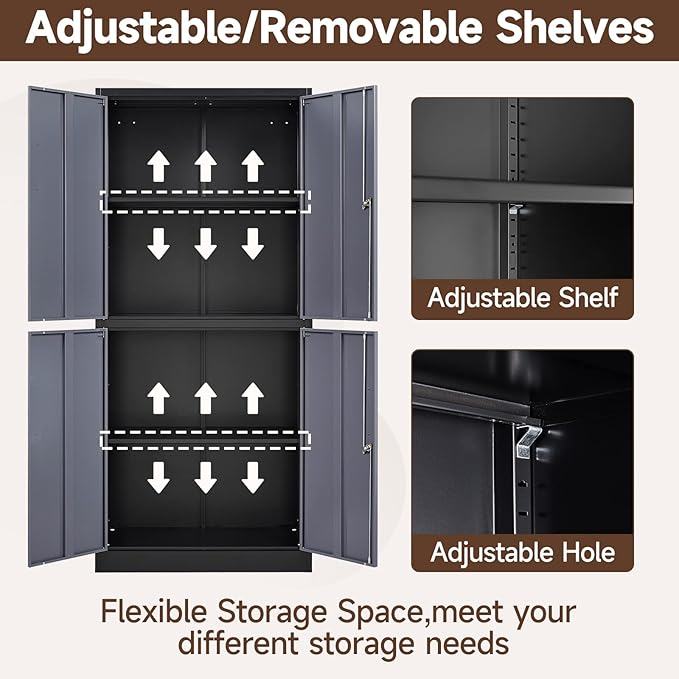 Metal Cabinet, 71' Tall, 4-Door, Locking, Adjustable Shelves, Heavy Duty, Black & Grey, Home Office, Garage Storage Cabinet