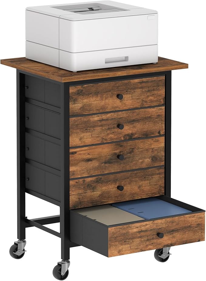 5 Drawer File Cabinet,Rolling Filing Chest Cabinet with Wheels, Under Desk Storage Organizer, Printer Stand with Non-Woven Fabric Drawer, for Home Office, Study, Rustic Brown FCHR4801