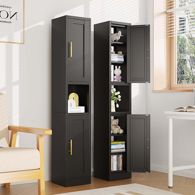 67" Tall Narrow Storage Cabinet Metal Bathroom Cabinet with 2 Doors & 4 Adjustable Shelves, Standing Pantry Cabinets Cupboard for Kitchen, Dining Room, Living Room and Bathroom (Black)