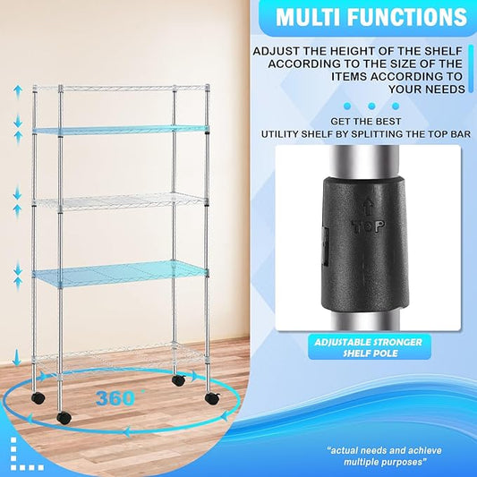PayLessHere | 5-Tier Wire Shelf with Wheels | 14"x30"x60" | Chrome | Adjustable Racks | Heavy-Duty Storage Shelves, Holds Upto 220 lbs | Rust-Resistant, No-Tool Assembly | for Home, Garage Shelving