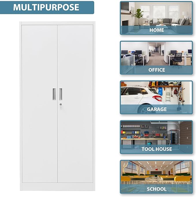 Metal Storage Cabinet, 71”H Locking Storage Cabinet with 5 Adjustable Shelves, Steel Cabinets for Garage, Home, Office, Pantry (White)