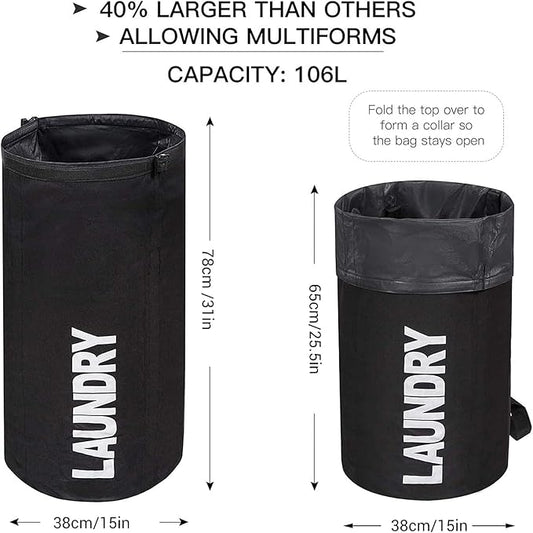 WOWLIVE Extra Large Foldable Laundry Bag Laundry Basket Collapsible Laundry Hamper Backpack Dirty Clothes Hamper Standing Waterproof Hampers for Dorm Room (Black)